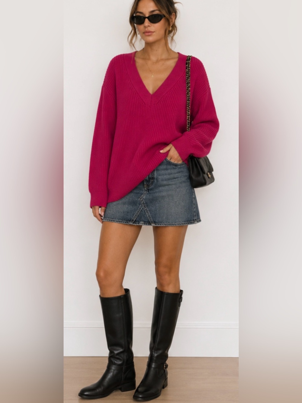 Babaton  Aritzia Fucshia Pink Ribbed Deep V-Neck Wool Roger Sweater Size Med